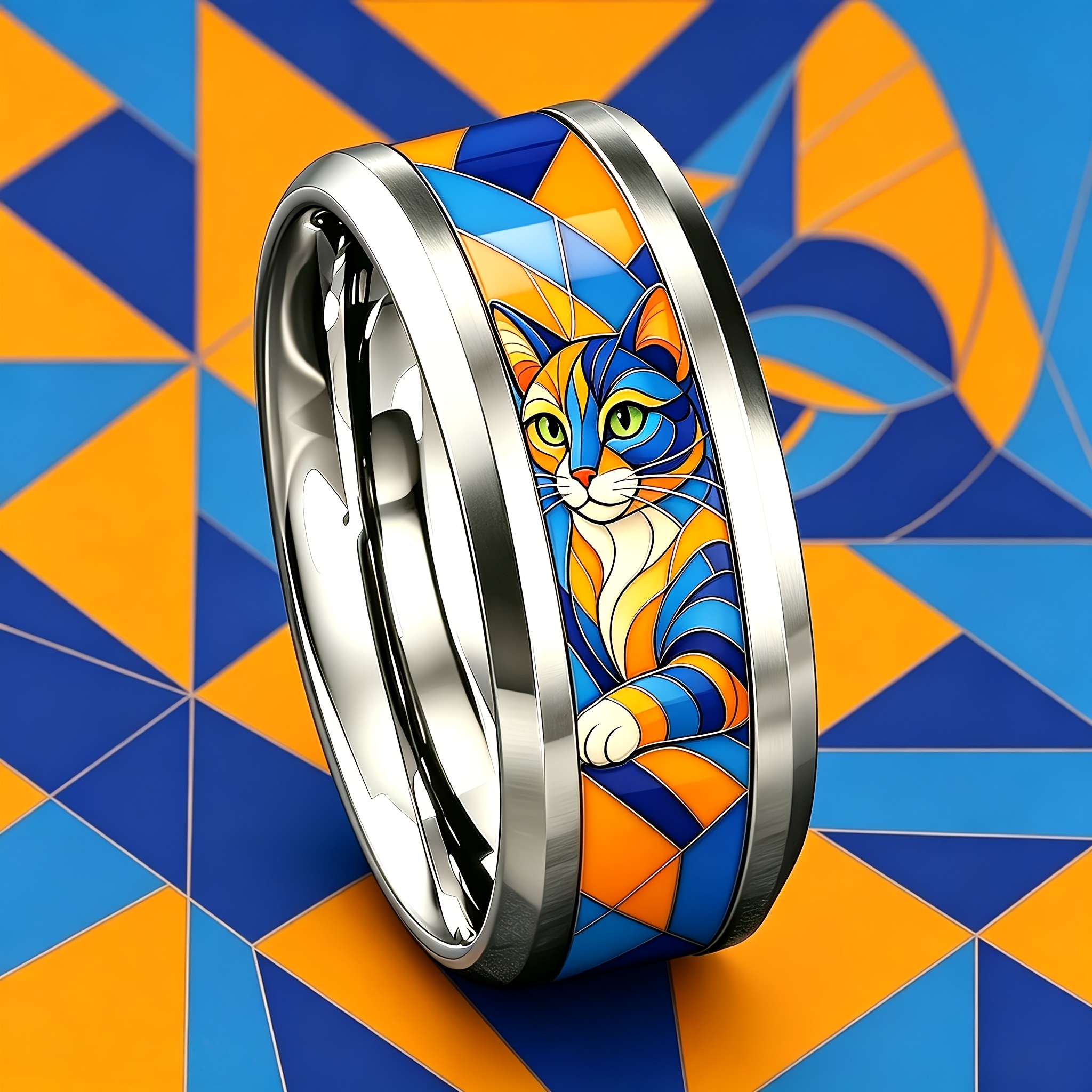 Women's Geometric Mosaic Cat Ring in 304 Stainless Steel, Stylish Design